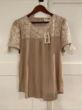 Savanna Jane Beige Embroidered Tassel Short Sleeve Top